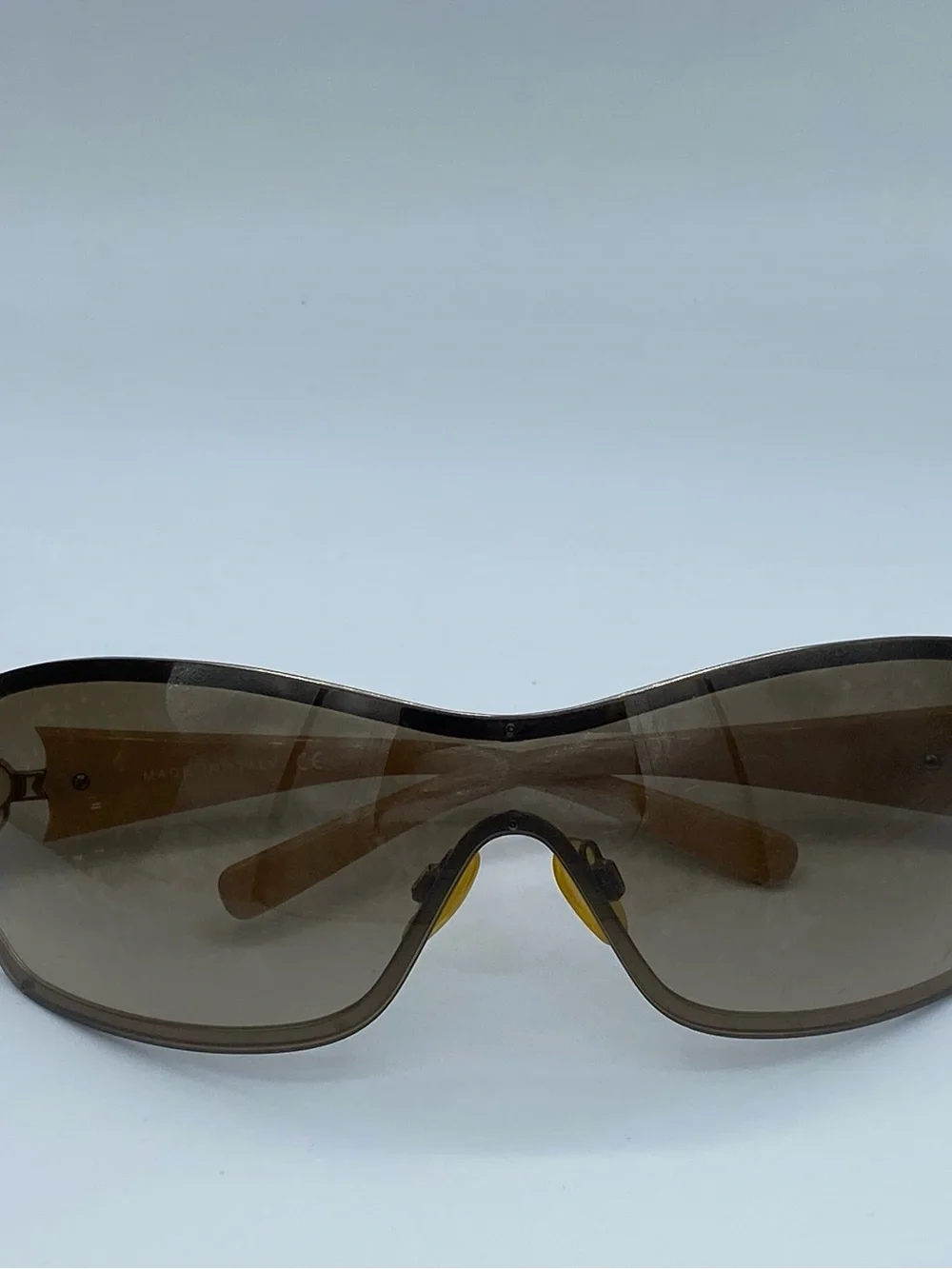 CHANEL Brown Gradient Shield Sunglasses with Gold Camellia Accents